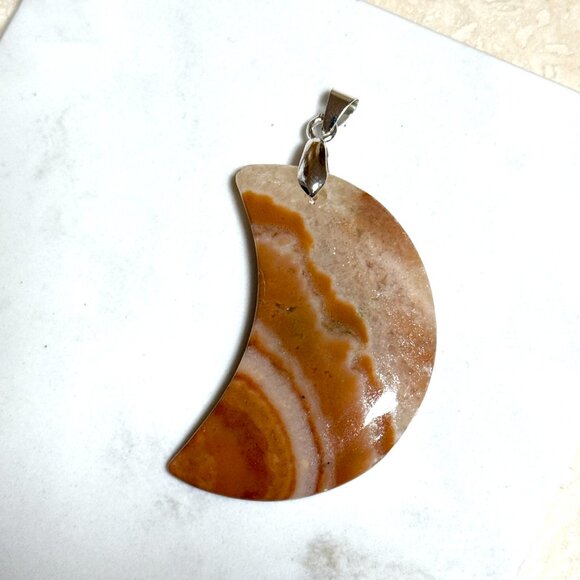 Genuine Orange Banded Agate Pendant,Large Natural Gemstone Crescent Moon Pendant - Picture 4 of 12